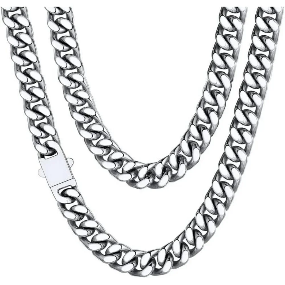 Men's 12mm Width Steel Silver 18K Gold Plated Cuban Hip Hop Chain Jewelry
